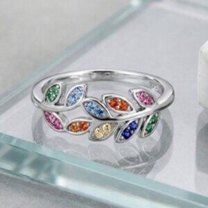 Rainbow Zirconia Leaf Ring Sterling Silver Size 7 Vine Band Nature Cottagecore